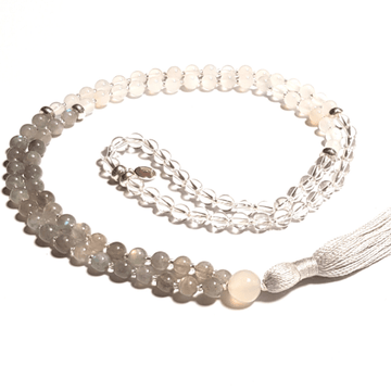 Handmade Balancing Mala Necklace - Labradorite – Protection, Clarity & Balance curled on table